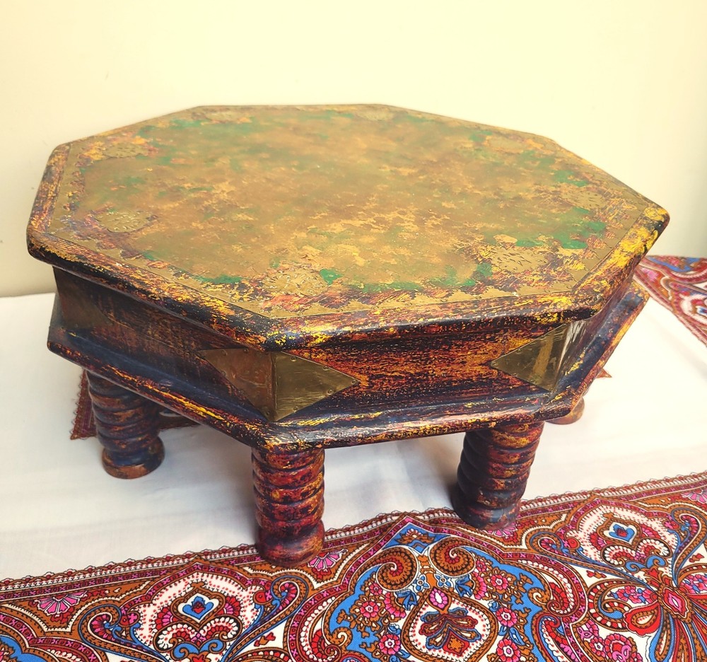 Old Style Anglo-Indian Low Bajot Table Octagonal Painted Boho Prayer Table