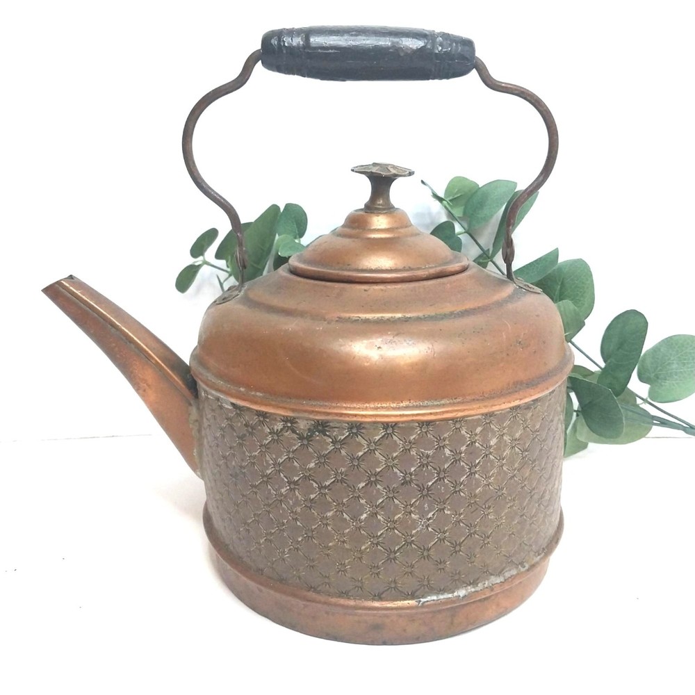 Antique Copper & Brass Teapot Black Wooden Handle