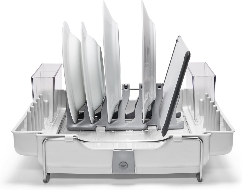 OXO Dish Drying Rack Home Kitchen Storage Organizer Drainboard Cutlery Chrome