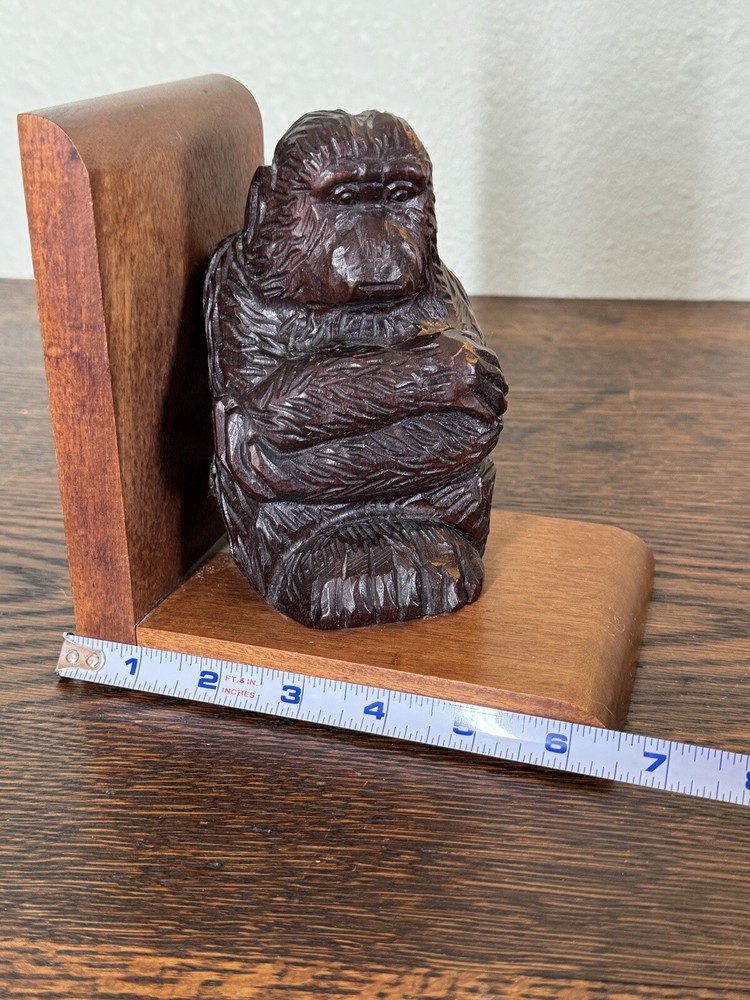 Monkey Bookend Hand Carved Solid Wood Bookend Vintage