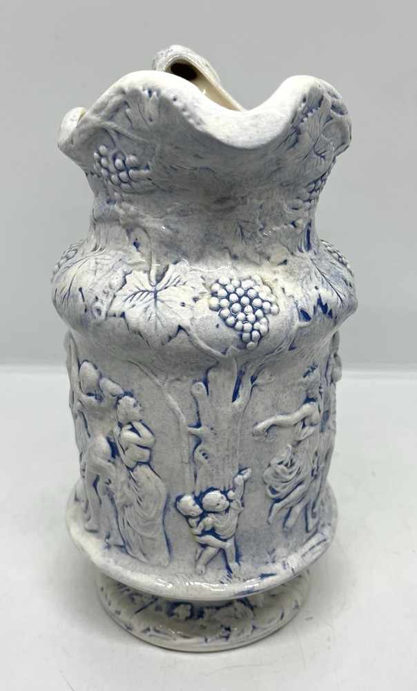 Cherub Grapes Relief Pitcher Blue On White Signed