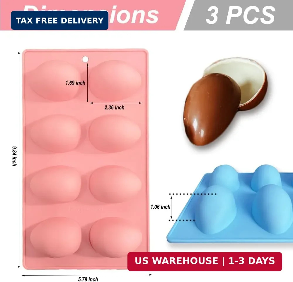 3 Pack 3D Easter Egg Silicone Molds, 8 Cavity Egg Shape Non-stick Baking Mold...