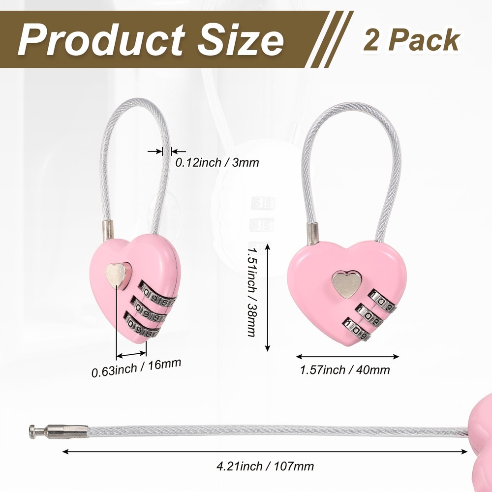 2-Pack Combination Padlock, 3 Digit Heart Shaped Cable Luggage Lock [Pink]