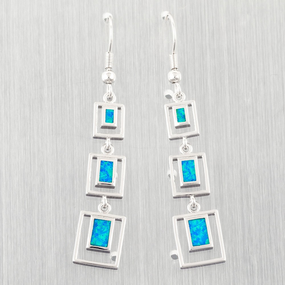 3 Rectangle Shape Ocean Blue Fire Opal Silver Jewelry Dangle Drop Earrings