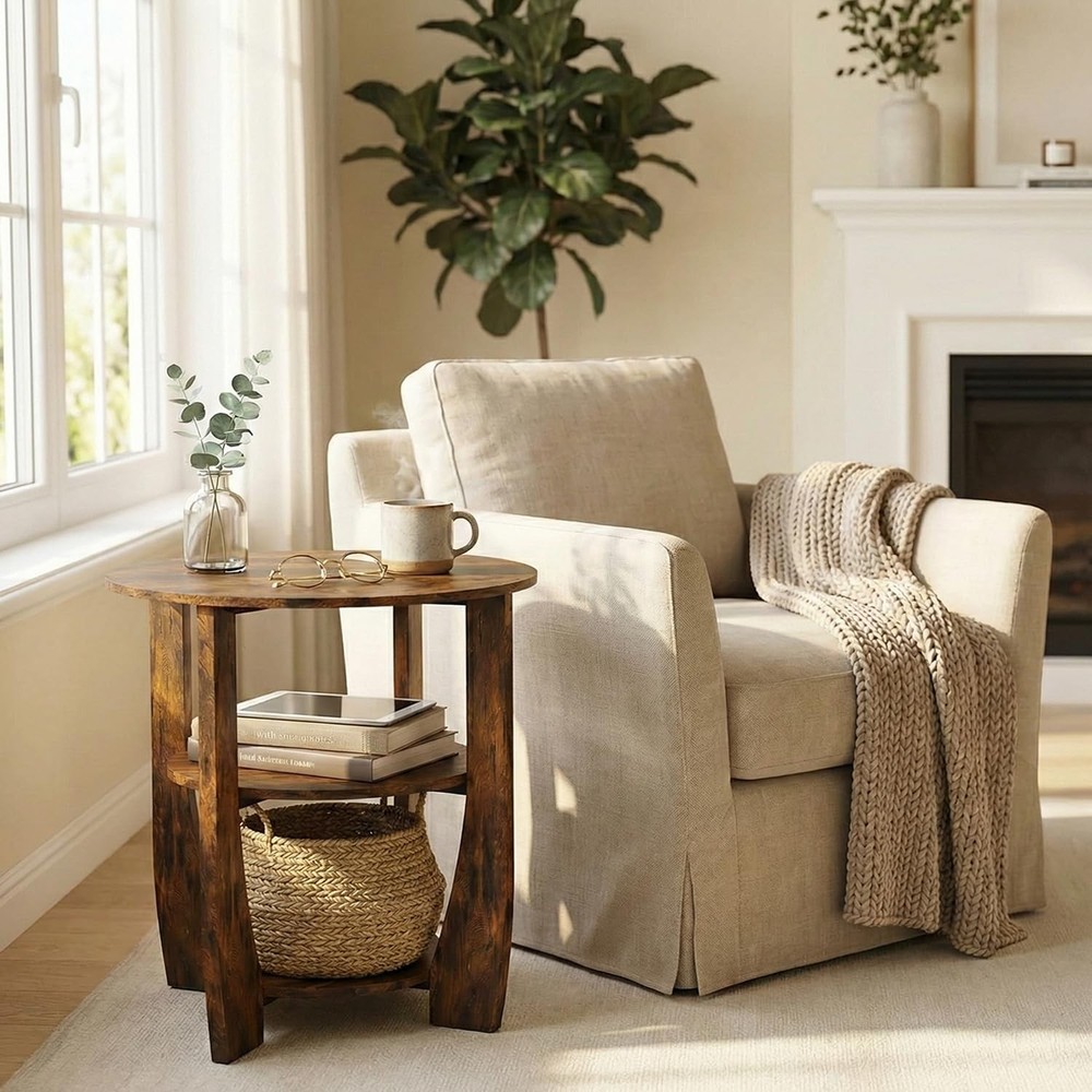 NEW Round Side Table, 3-Tier End Table with Storage, 19.7?? Rustic Brown Accent