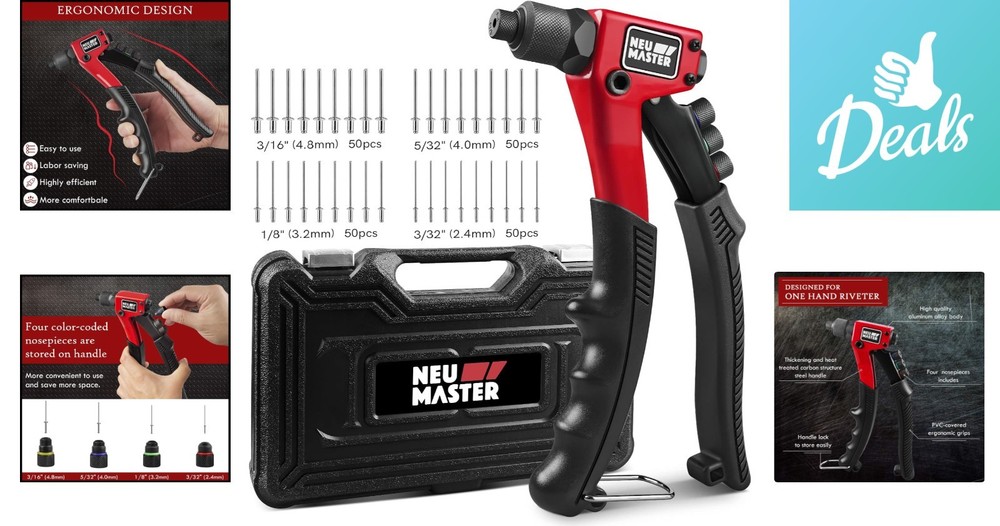 Professional Rivet Gun with 200 Rivets for Metal, Plastic & Leather Projects