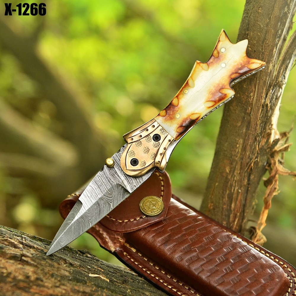 Damascus Folding Double edge Blade Pocket Knife - Dagger - Camel Bone Handle
