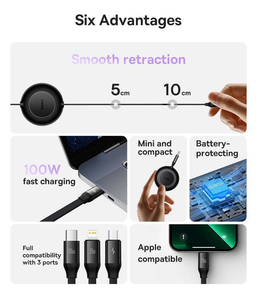 Baseus Retractable 3in1 USB-C Fast Charging Cable Line For iPhone Micro USB-C