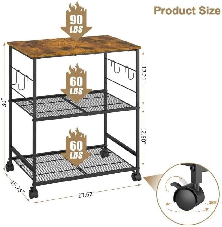 Versatile Rolling Kitchen Utility Cart with Hooks - 3-Tier Storage Solution