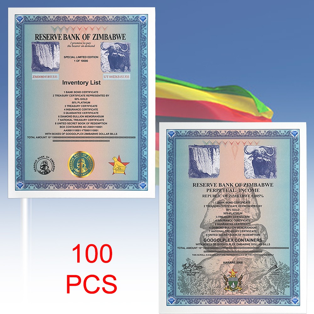 100pcs Googolplex Containers Zimbabwe Paper Banknotes Commemorative Certificates