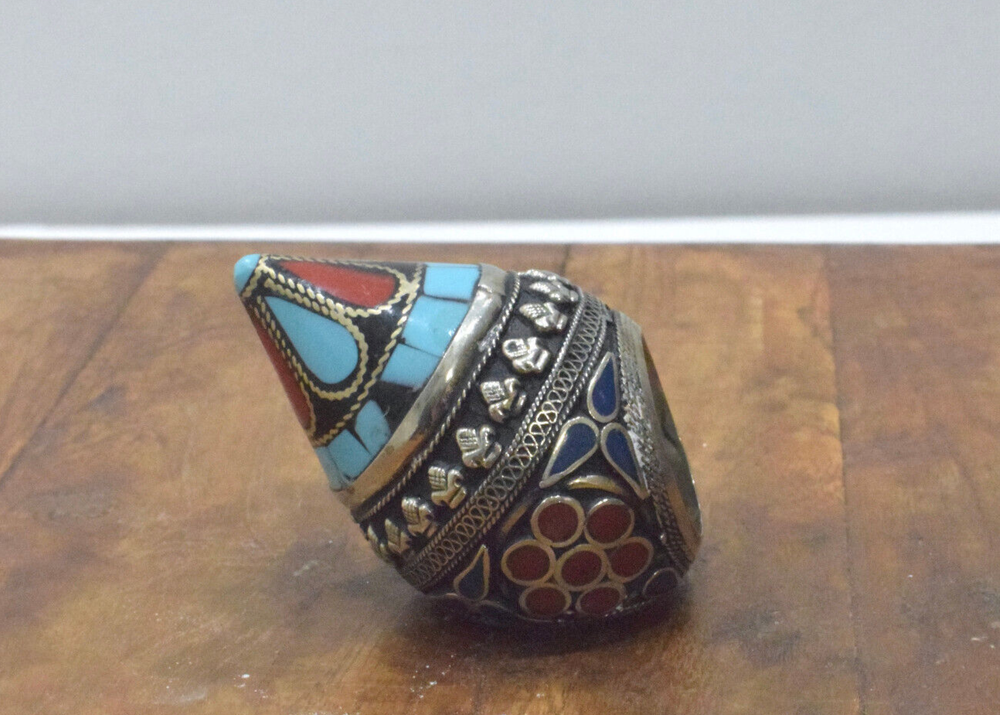 Middle Eastern Silver Coral Turquoise Inlay Ring