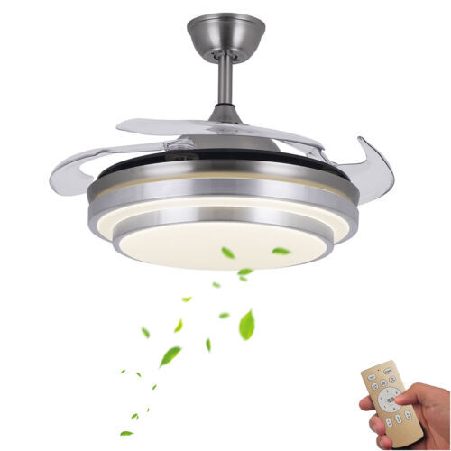 42" Retractable Ceiling Fan Lamp Dimmable LED Chandelier w/ Light Remote Control