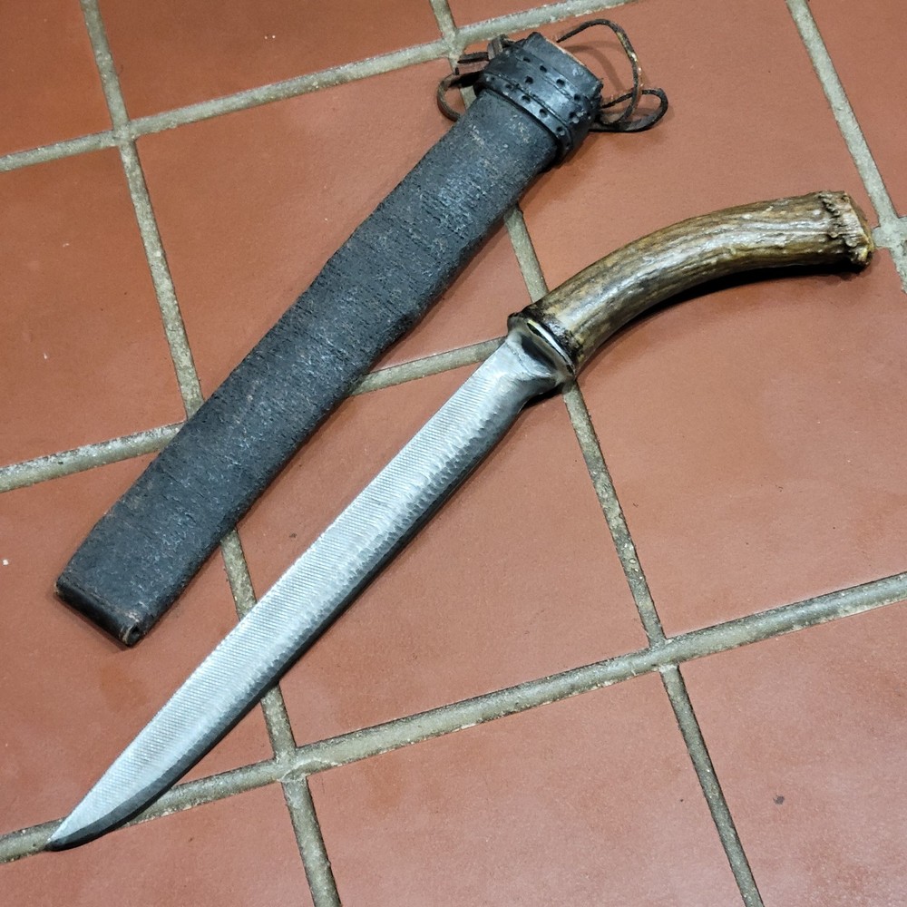 Vintage Hand Home Made Primitive Fixed Blade W/Sheath Antler Handle File Blade