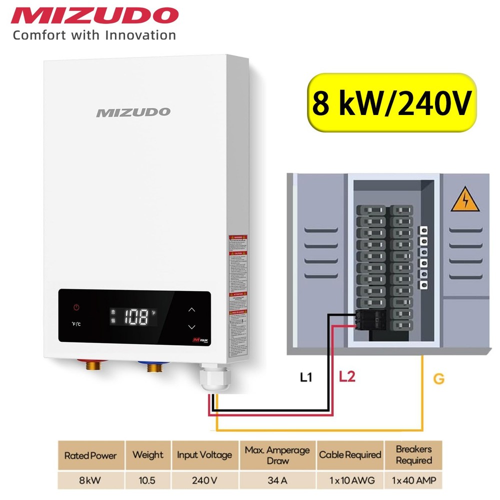 MIZUDO 8000W 240V Electric Tankless Water Heater LED Display Touch Control