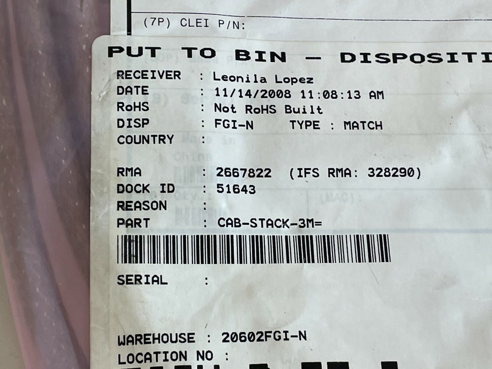 PP7: Cisco CAB-STACK-3M StackWise 72-2634-01 3M Stacking Cable
