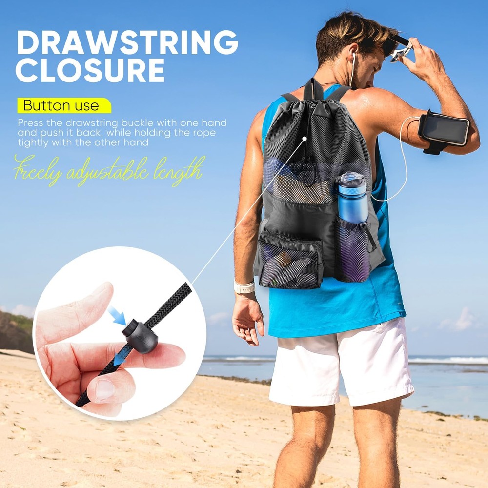 Swim Backpack Mesh Bag, Large Waterproof Drawstring Beach Pool