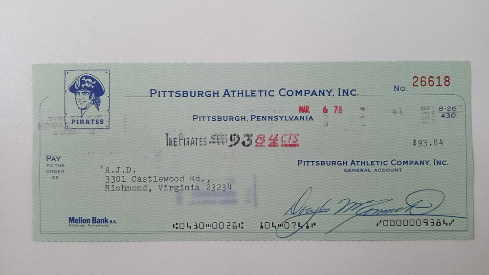 A.J.D.: 1978 Pittsburgh Pirates Expense Check