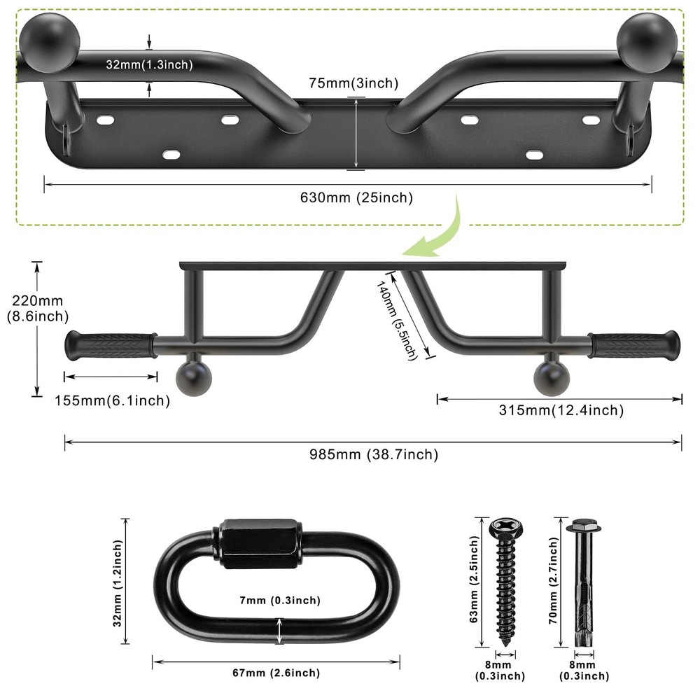 Heavy Duty Wall Mounted Pull Up Bar, Ball Finger Grip Training, 1 3/10" Durab...