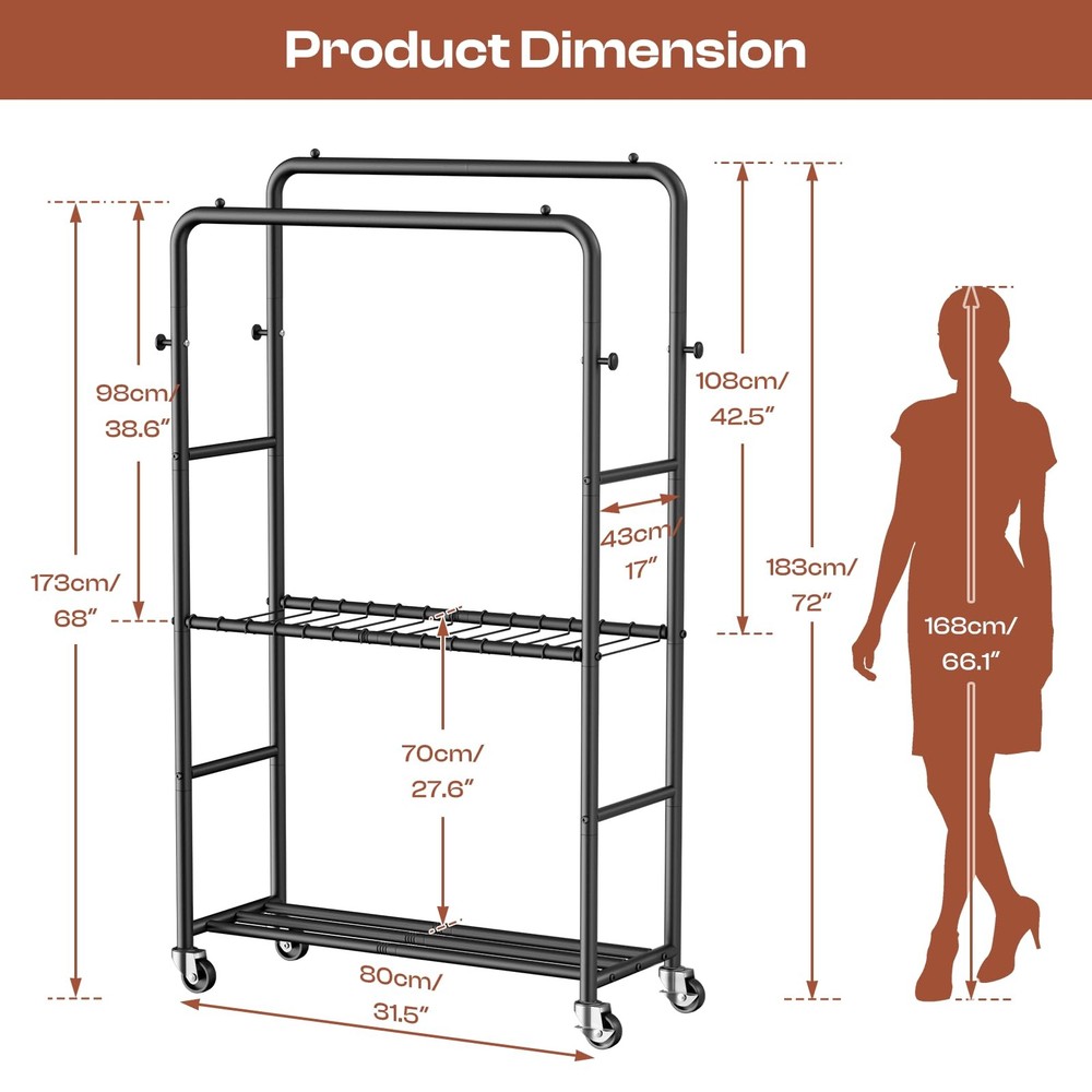 Clothes Racks for Hanging Clothes, Rolling Clothing Rack with Pants Rack, Sid...
