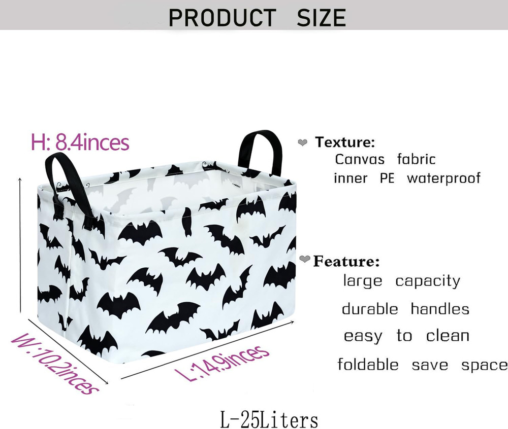 Bat Pattern Halloween Storage Gift Basket Canvas Bins With