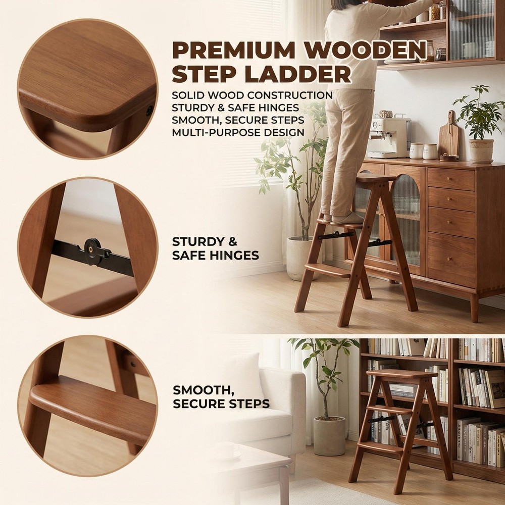 3 Step Ladder Folding Step Stool, Wooden Step Stool Foldable, Folding Step St...