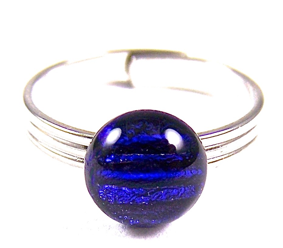 Dichroic Glass Ring Adjustable Cobalt Blue Sapphire Striped Dot Tiny 1/4" 8mm