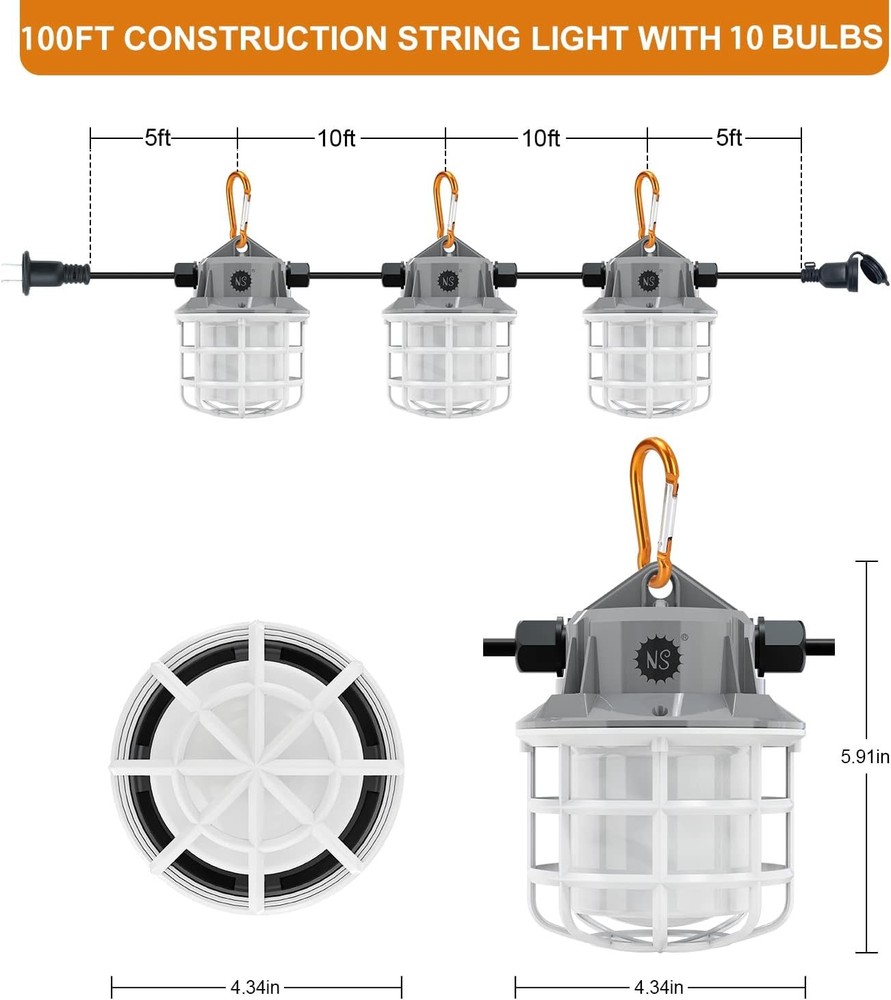 NS 100ft LED Construction String Lights, 150W 15000lm LED String Work Lights, Te