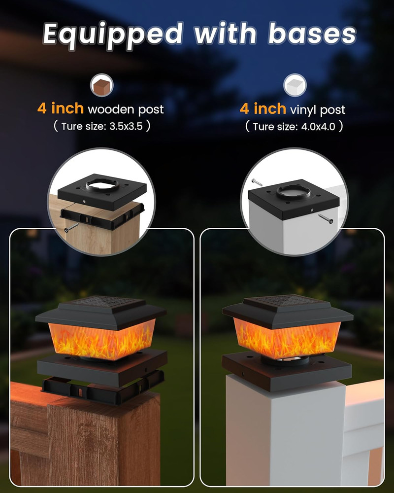 Solar Fence Post Lights 4pack, Black Solar Deck Post Cap Flame Light Outdoor