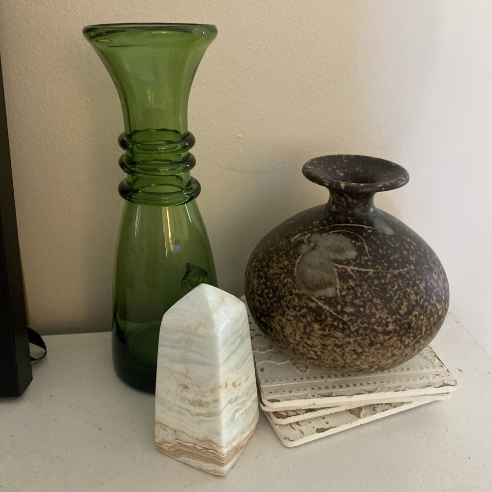 Artisan Studio Pottery Unique Brown Bulb Vase, Glazed Inside,Leaf Design, Signed