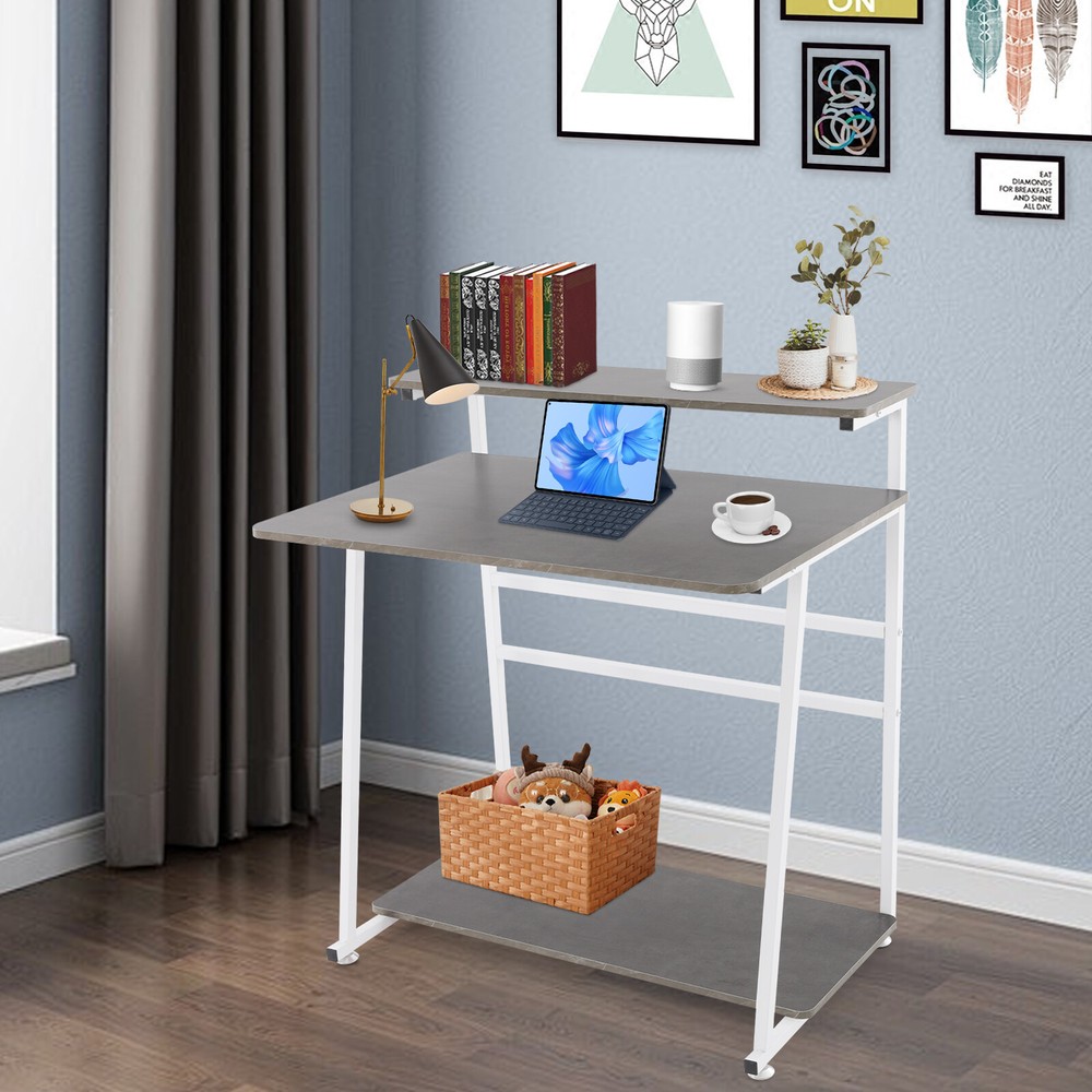 3-tier Computer Desk, Home Office Desk, Rolling Computer Desk, White, Grey