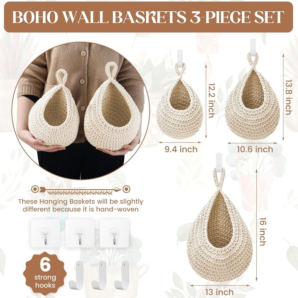 Hanging Fruit Baskets Kitchen 3 Pack Boho Wall Hanging Basket W/ 6 Pcs Strong