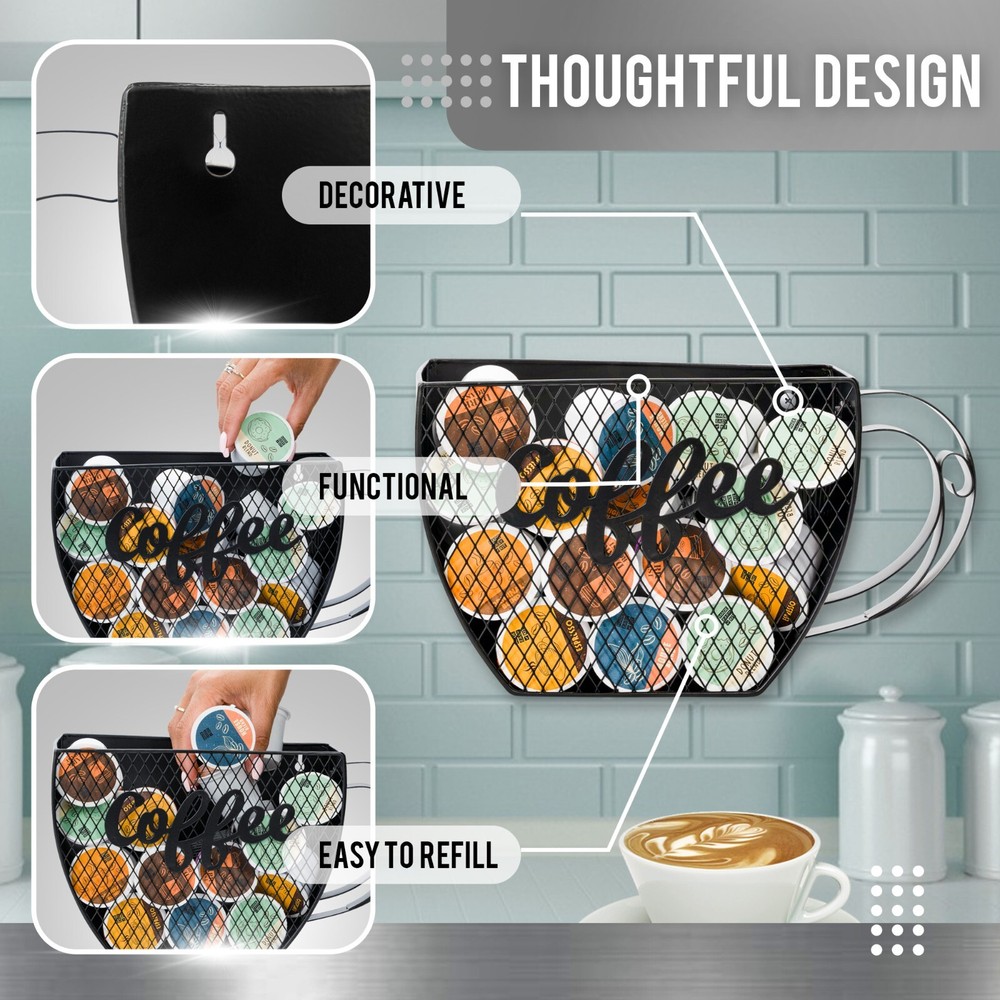 Made Easy Kit Coffee Pod Organizer, Coffee Bar Functional Décor, Black Cup Mount