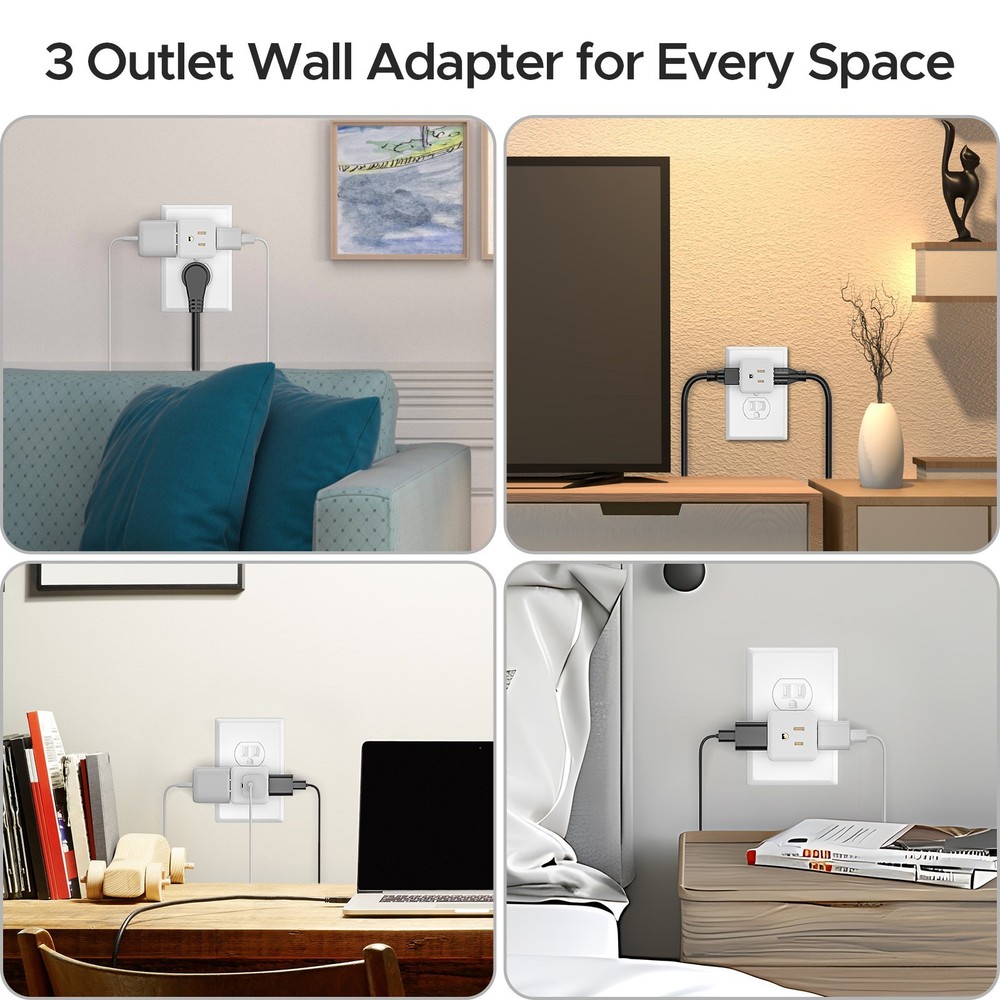 3-Outlet Wall Adapter Splitter, Non-Blocking Compact Plug Expander, ETL Listed