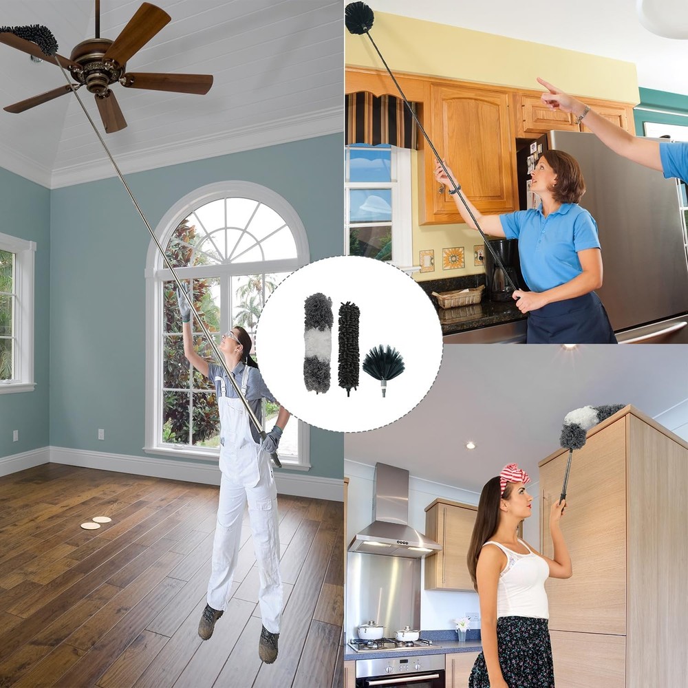4 Pcs Microfiber Cobweb Duster with 100" Extension Pole,Bendable Ceiling Fan Dus