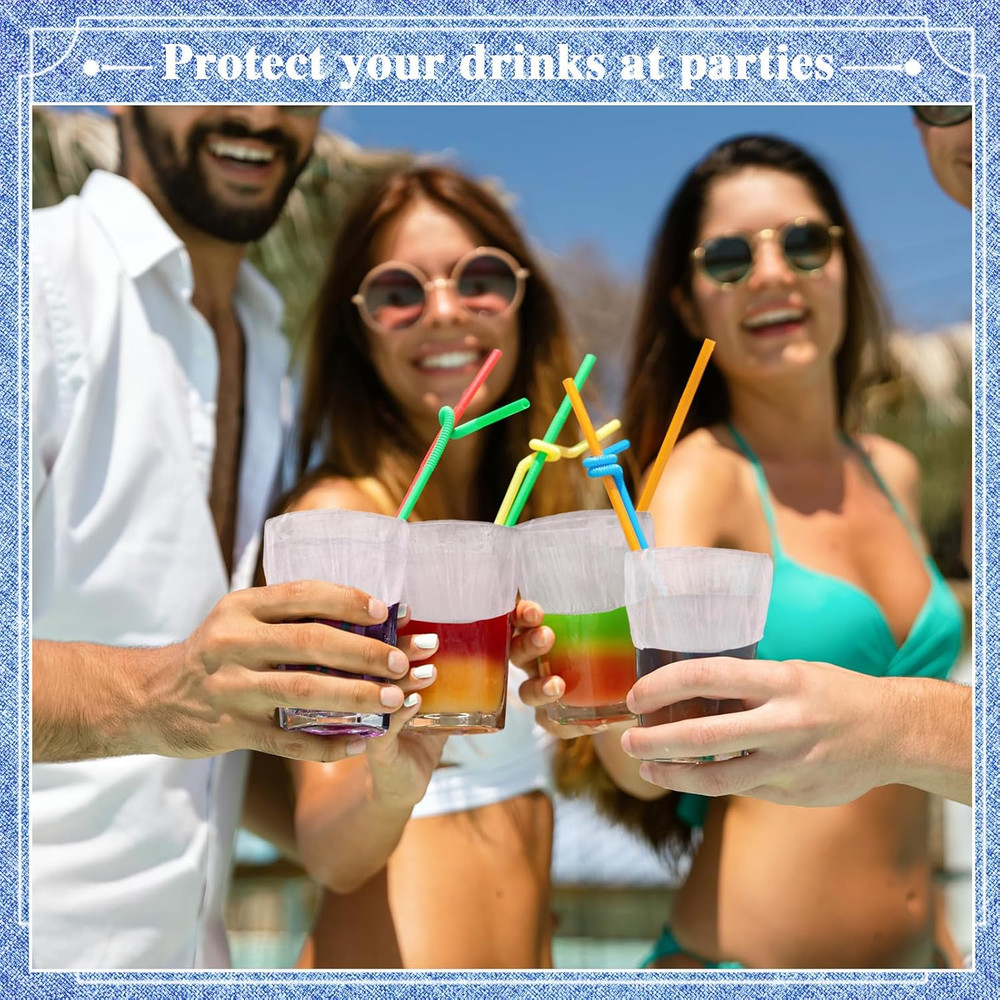 100 Pcs Scrunchie Drink Covers - Bulk Disposable Plastic Covers for Cups & Bever