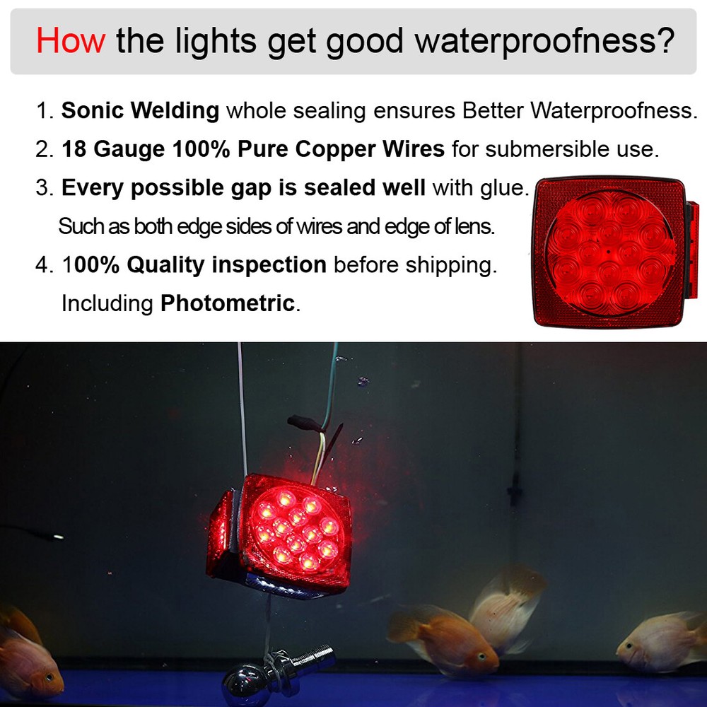 Pair LED Submersible Lights Trailer Under 80" Tail Brake Boat Stud Mount Square