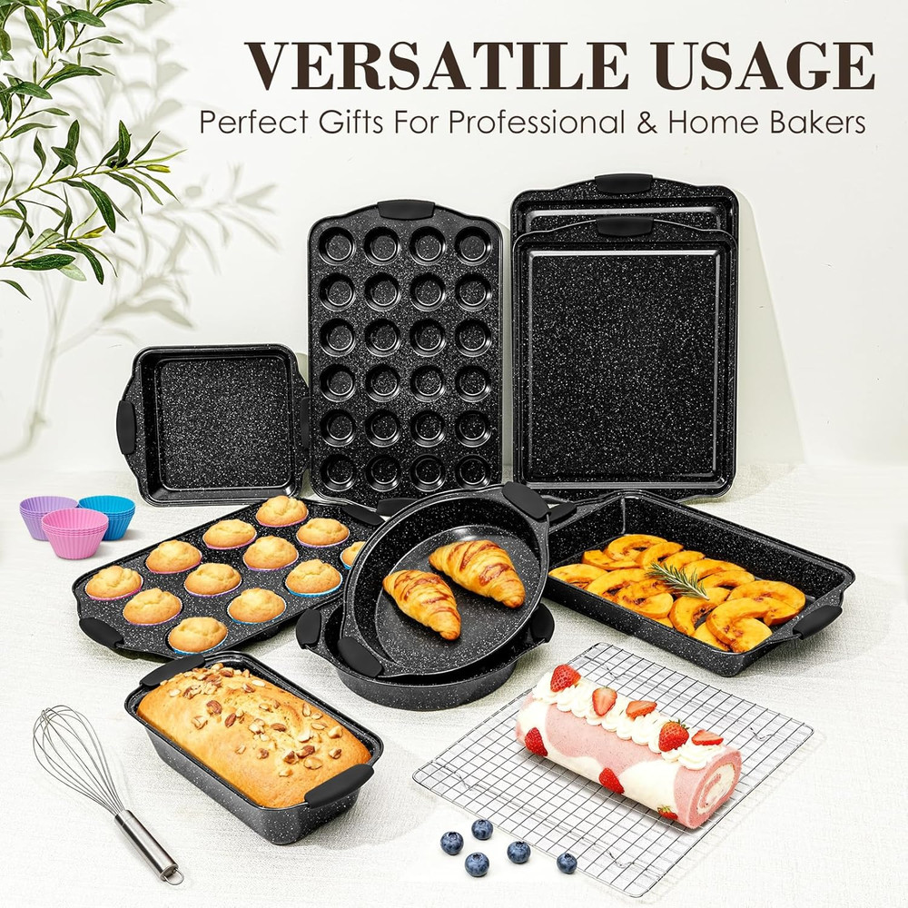 Baking Pans Set Nonstick, Bakeware Sets Stackable with Silicone Handles, 22 Pie