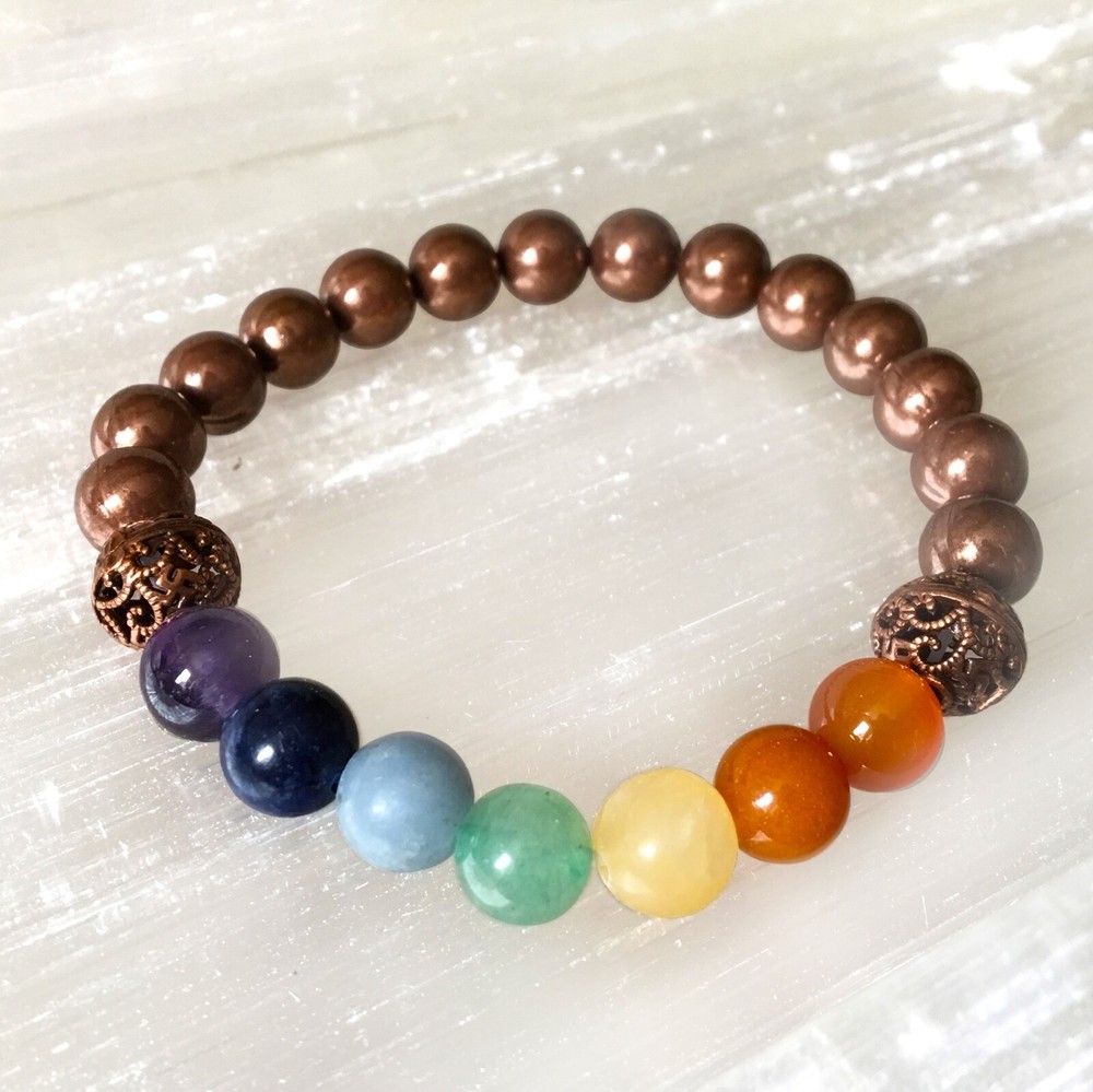 Copper 7 Chakra Crystal Bracelet Adjustable Stretchy 8 mm Beaded Gemstone Healin
