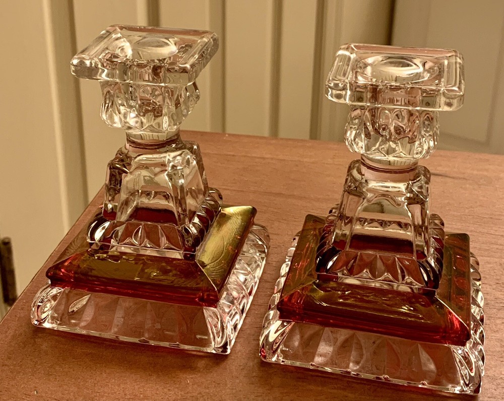 Set Of 2 Vintage Westmoreland Wedding Pattern Ruby Flash Crystal Candlesticks.