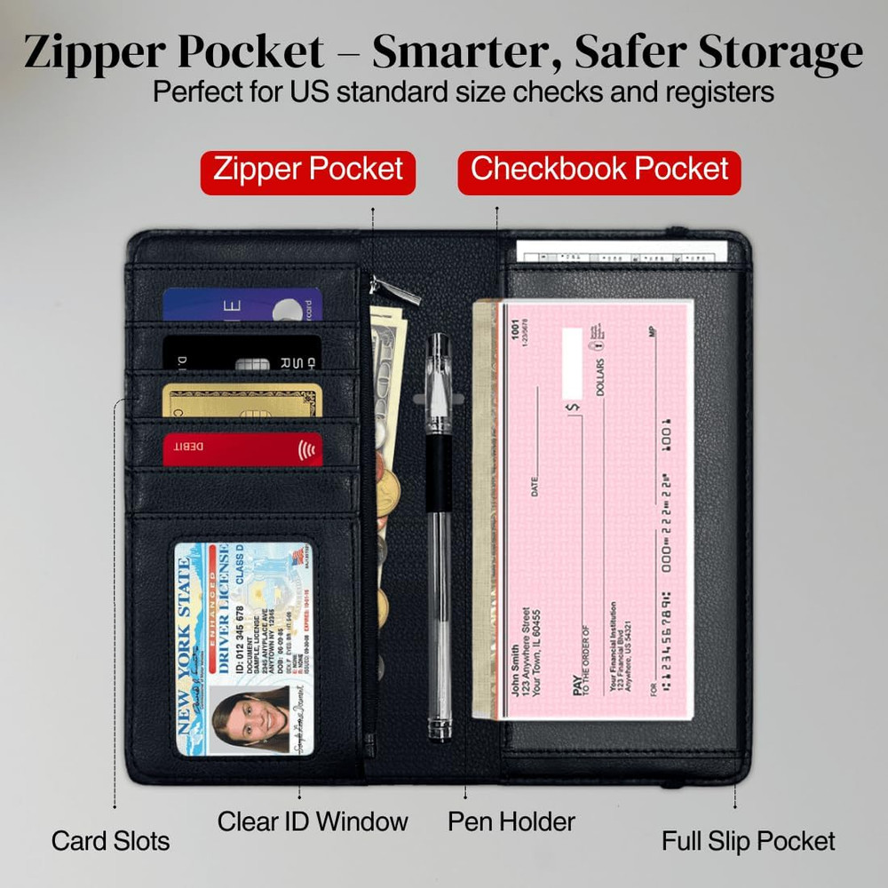 Oversized Checkbook Cover with Zipper Pocket & RFID Blocking – Checkbook Covers