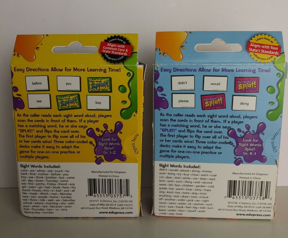 Edupress Sight Words Splat Game Grades K-1 1-2 (2 pack) open box see description