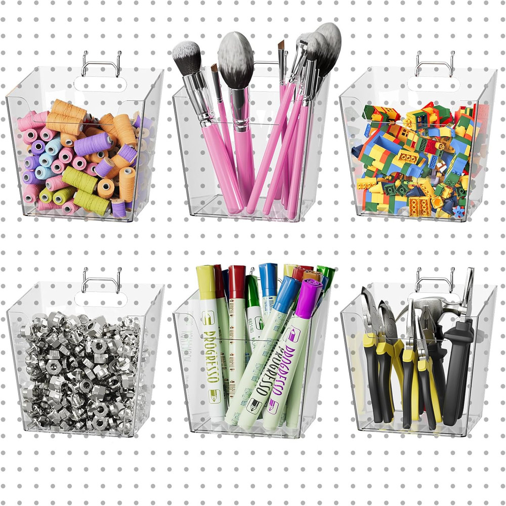 Large Pegboard Cups Peg Board Storage Bin 6 Pack with Hooks, Square Box Shape...