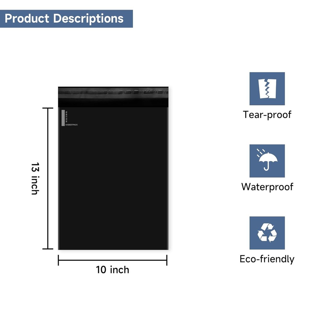 200 Poly Mailers 10x13 Black Self Seal Packaging Envelopes Bulk Pack for Mailing