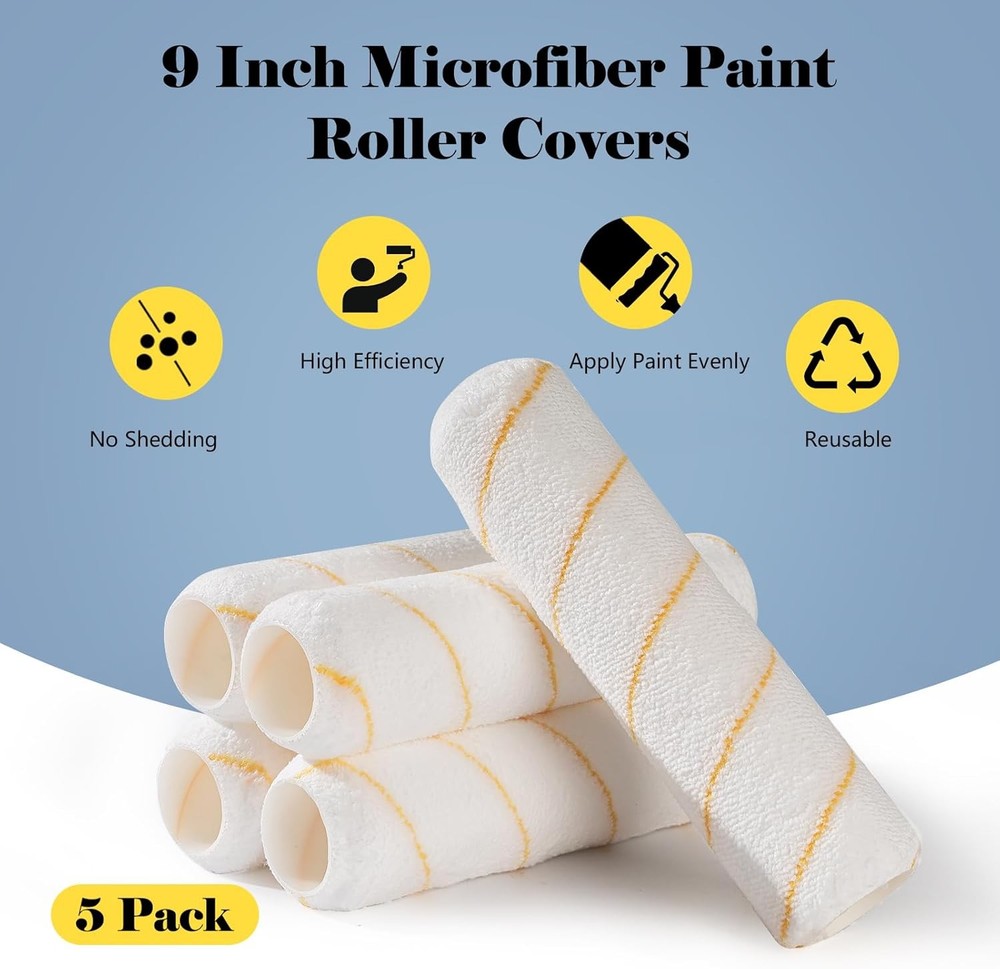 Mister Rui Paint Rollers, 5 Pack, 9 Inch Roller Covers, Microfiber...