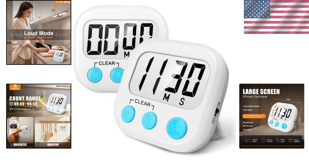 2 Pack Digital Kitchen Timer - Large Display & Loud Alarm for Precision Baking