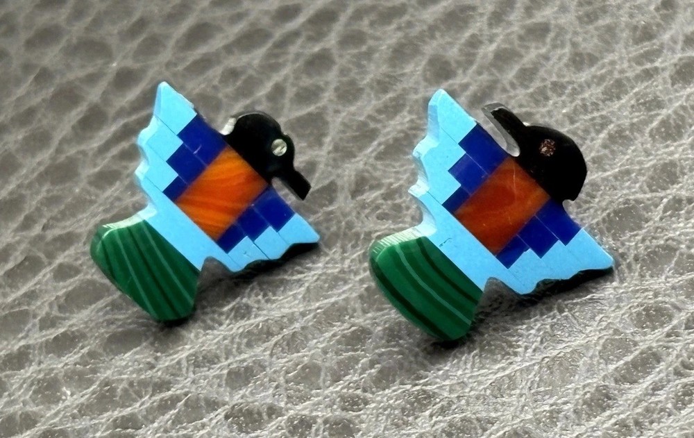 Sterling Silver Multicolor Inlay Thunderbird Stud Earrings Southwestern Style