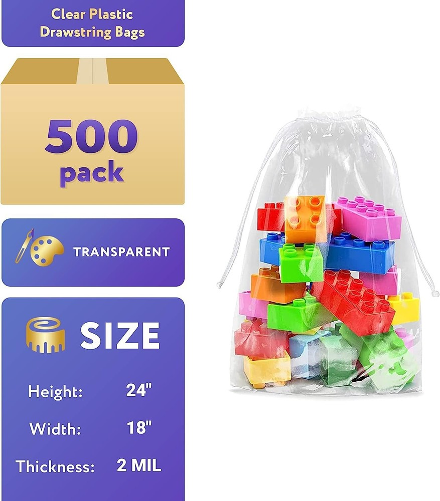 18” x 24 Double Drawstring Clear Poly Plastic Bags 2MIL Clear Large cs/500