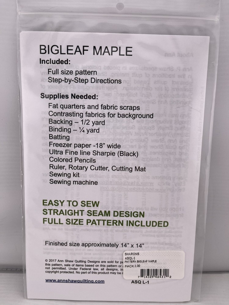Ann Shaw Quilting Designs Foliage Pattern BIGLEAF MAPLE 14”X14”