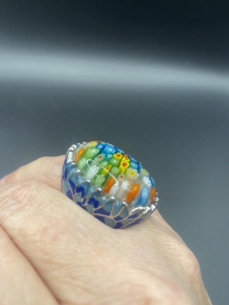 Dome Ring Enamel Millefiori flower statement size 7.5 bold funky chunky solid