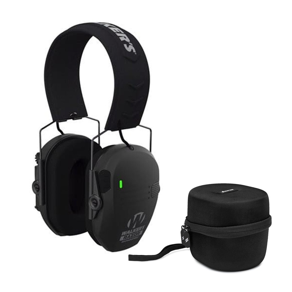 Walker's Razor Rechargeable Black Muff with Hearing Protection Case Bundle